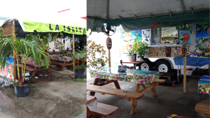 2 Photos taken of the outdoor food truck venue/seating areas that cater to the public and make for an enjoyable dining experience.