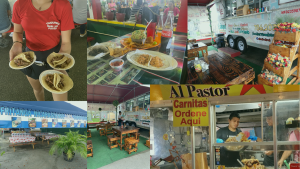 A collage showcasing the welcoming atmosphere of Redland Market Village's food trucks, as well as the dedication each vendor has to cater to the public.