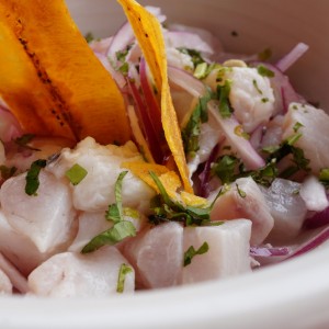 Raw fish ceviche with plantain chips